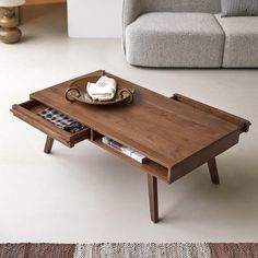 a coffee table with a tray on it