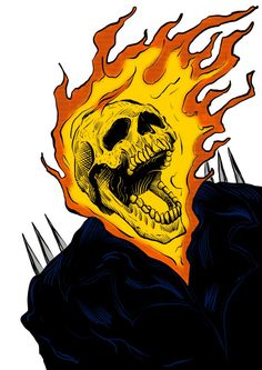 a drawing of a skull with spikes on it's head and flames in the background