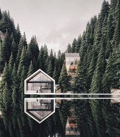 a house in the middle of a forest with trees around it and a reflection on the water