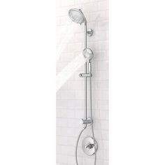 an overhead shower head with thermostaer and hand held showerhead in chrome