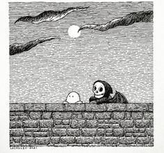 an ink drawing of a skeleton and a cat on a brick wall with the moon in the background