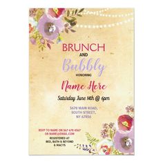 a brunch and bubbly baby shower party with flowers on the front, in pastel colors