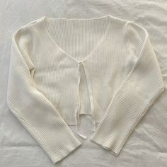 This White Cardigan From Shein Has A Thick Ribbed Material, A Cropped Fit, And Ribbons In The Front To Tie It Closed. Size L. Perfect Unused Condition, Never Worn, No Flaws. White Cardigan For Dress, Cute Button Up Sweaters, Cute White Cardigan, White Grunge Outfit, Short White Cardigan, Aesthetic Cardigan, White Cropped Cardigan, Cardigan Summer, White Skirt Outfits