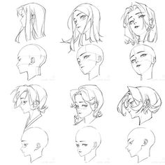 the head and shoulders of an anime character with different hair styles, including ponytails