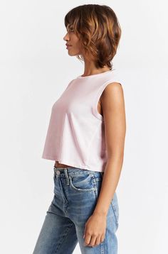 *FINAL SALE* The Sleeveless Babe Tee in Blush by AMO is a shrunken, cropped tee with tonal topstitching and subtle distressing. This soft tee has a worn-in feel, perfect for layering with high-waisted denim. Length = 19 1/2" (from shoulder) - Size Small 100% Cotton Made in Los Angeles Thom Browne Shoes, Sleeveless Tee, Ribbed Dresses, Cropped Tee, High Waisted Jeans, Crop Shirt, High Waisted Denim, Thom Browne, Crop Tee