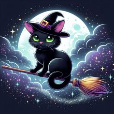 a black cat sitting on top of a broom in front of a full moon with stars