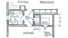 a drawing of a kitchen and living room with the floor plan drawn in black ink