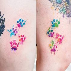 two different pictures of the same person's legs with colorful ink on their thighs