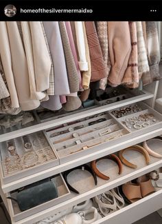 an organized closet filled with shoes and accessories