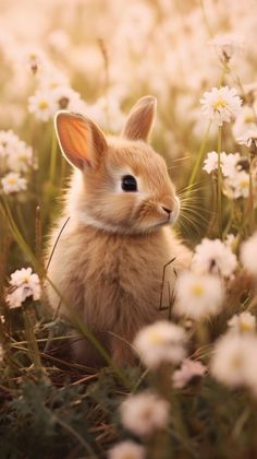 a small rabbit sitting in the middle of some white daisies and looking at the camera