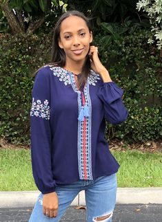 We are obsessed with the coming up daisies top. This boho beauty features a split V-neckline with tassel ties, long sleeves with elastic at hem and gorgeous floral embroidery. XS Bust 36" Length 24" : Small Bust 38" L 24" Medium Bust 40" L 24" : Large Bust 42" Length 24" Beauty Features, Boho Beauty, Kimono Jacket, Large Bust, Embroidered Top, Small Bust, Floral Embroidery, Quarter Zip, Varsity Jacket