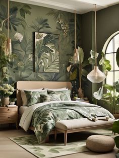 a bedroom with green walls and plants on the wall