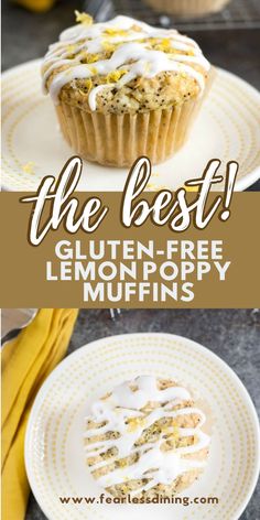 the best gluten - free lemon poppy muffins on a white plate