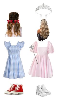 four different types of dresses and shoes with hair clips on them, all in various colors