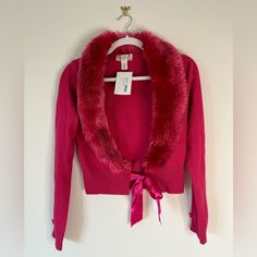 Y2k/Barbie Fur Trim Cute Cardigan Brand New Y2k Winter Cardigan, Y2k Pink Outerwear For Fall, Y2k Barbie, Hot Pink Color, Pink Fur, Cute Cardigans, Date Outfits, Cropped Cardigan, Fur Trim