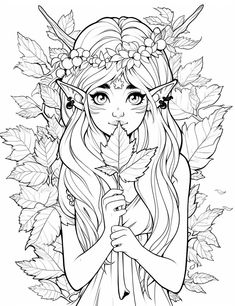 a girl with flowers and leaves on her head holding a leaf in front of her face