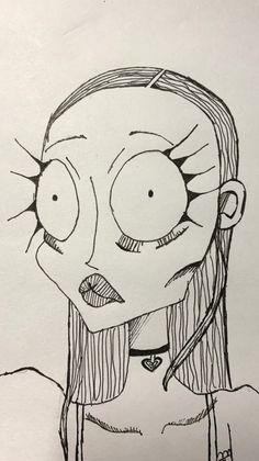 a drawing of a girl with long hair and big eyes is shown in black and white