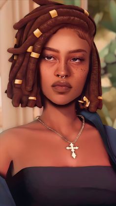 a digital painting of a woman with dreadlocks and a cross pendant on her neck