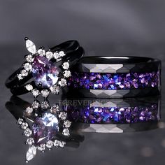 two wedding rings with purple and white stones on the side, one is surrounded by diamonds