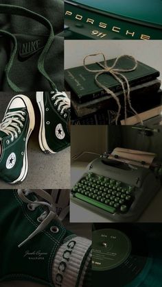 a collage of photos with green shoes and old typewriter