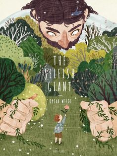 the selfish giant book cover with illustration of two hands reaching out to help a child