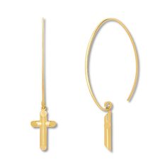 Petite crosses dangle from earring wires in these stylish 14K yellow gold earrings for her. Yellow Gold Cross Earrings For Pierced Ears, Elegant Gold Cross Hoop Earrings, 14k Gold Cross Earrings, Jewelry Cross, Jewelry Education, Jewelry Advice, Jared The Galleria Of Jewelry, Earring Wires, Yellow Gold Earrings