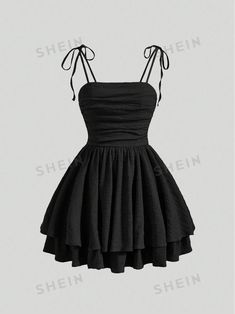 SHEIN MOD Solid Tie Shoulder Ruched Bust Cami Black Summer Dress | SHEIN USA Cute Cheap Knee-length Mini Dress, Cheap Sleeveless Mini Dress With Built-in Bra, Chic Cheap Mini Dress For Dress Down, Cheap Mini Dress With V-neck And Ruffle Hem, Puffy Shoulder Black Dress, Cheap Cute Black Dress, Semi Dresses High School Puffy, Cute Formal Dresses For Middle School, Black Dress Short Long