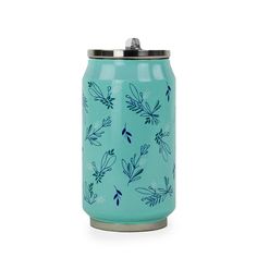 a blue can with leaves painted on it and a metal lid is sitting in front of a white background