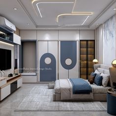 this is a modern bedroom with blue and white decor on the walls, carpeted floor