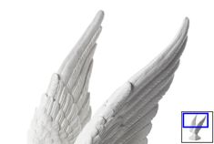 two white angel wings on a white background with blue square in the middle and bottom corner