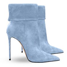 Pointed toe ankle boot in real suede with turn-ups and 100mm or 120mm stiletto heel  Upper: Suede Inside: Leather Sole: Non-slip Fit: regular   Handcrafted footwear 100% Made in Italy Light Blue Shoes, Blue Heels, Heels Boots, Shoe Closet, Shoes Booties, Pump Sandals, Blue Suede, Blue Shoes, Lace Boots