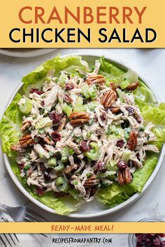 an image of a chicken salad with cranberries and pecans on the side