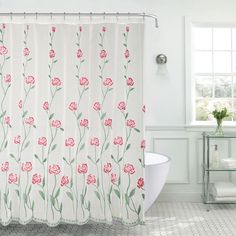 Bella Floral Voile Embroidery Shower Curtain and 12 Metal Hooks Set Dorm Bathroom, Translucent Design, Bathroom Floors, Flower Shower Curtain, Shower Hooks, Flower Shower, Eyelet Top, Shower Liner, Fabric Shower Curtains