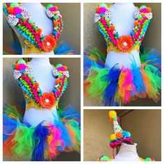 four different pictures of a clown costume with flowers and beads on the top, bottom, and bottom