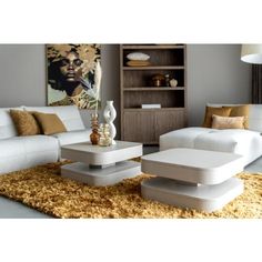 a living room filled with furniture and a rug on top of a carpeted floor