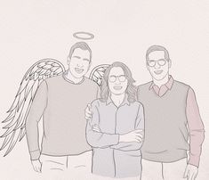 three people standing next to each other with angel wings on their shoulders