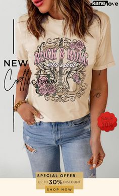 Rock & Roll Graphic Cuffed Short Sleeve Tee Women's Outfits By Occasions, Rock Roll, Elevate Your Style, Rock And Roll, Your Style, Short Sleeve Tee, Rolls, Casual Outfits, Clothes For Women