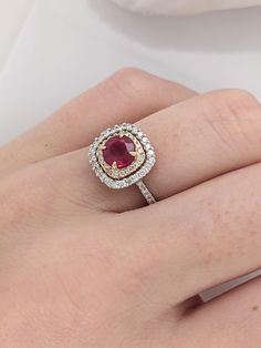 This 14K gold vintage-inspired ring features a round ruby framed by a cushion double halo with a pave diamond-studded shank. A statement ring design perfect for an eye-catching engagement or anniversary. This ring also makes a beautiful July birthstone gift for your loved ones! The occasions to show off this ring are endless - Mother's Day, graduation, wedding, birthday, date night, Christmas, etc. :) This ring is made with solid 14K Gold and naturally Earth-mined SI / G-H diamonds. As listed, t Designer Silver Jewellery, Double Halo, Jewelry Showcases, July Birthstone, Pendant Bracelet, Ruby Ring, Earring Findings, Estate Jewelry, Pave Diamonds