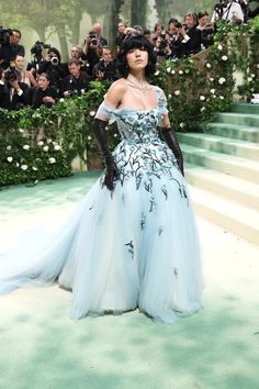 a woman in a blue and white gown stands on the steps with cameras around her