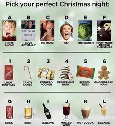 a christmas poster with the words pick your perfect christmas night and other things to eat