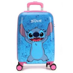 a blue suitcase with an image of stitch on it