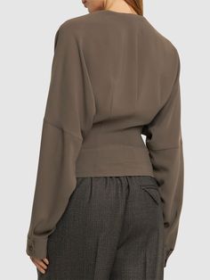 Find PHILOSOPHY DI LORENZO SERAFINI Light Tech Crepe Wrap Shirt on Editorialist. Side button closure at waist. Model is wearing a size38 Chic Khaki Tops For Workwear, Chic Olive Long Sleeve Tops, Elegant Khaki Blouse For Work, Chic Khaki Blouse For Office, Elegant Khaki Office Tops, Elegant Khaki Tops For Office, Khaki Shirt, Womens Khakis, Wrap Shirt