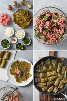 the process of making stuffed grape leaves is shown in four different stages, including fillings and toppings