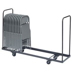 a metal cart with six gray chairs on it's sides and four black wheels