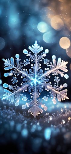 a snowflake is shown in front of some blurry lights