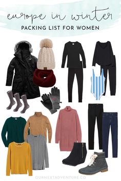 the winter packing list for women with text overlay that says, europe in winter