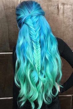 Unicorn Hair Color, Blue Green Hair, Dyed Hair Pastel, Candy Hair, Hair Color Pastel, Fishtail Braid, Hair Color Blue, Ombre Hair Color