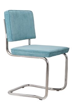 a blue chair with metal frame and seat cushion