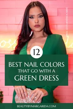 Not sure what color nail polish goes with your green dress? In this article, I’ve got you covered with the best suggestions so you can find the perfect nail color for your outfit, whether you’re attending a wedding or a casual party! Formal Dress Emerald Green, Nails Green Dress Colour, Green Dress Outfit Nails, Emerald Green Dress And Accessories, Best Nails For Green Dress, Green Dress Nails Ideas, Makeup Emerald Green Dress, Nail Design For Green Dress, Nail Colour With Green Dress