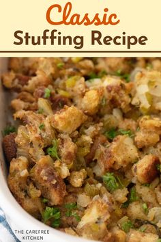 a casserole dish with stuffing in it and the words grandma's thanksgiving stuffing recipe